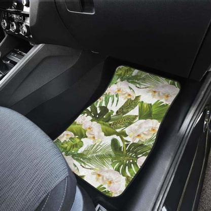 White Orchid Flower Tropical Leaves Pattern Front And Back Car Mats 174914 - YourCarButBetter