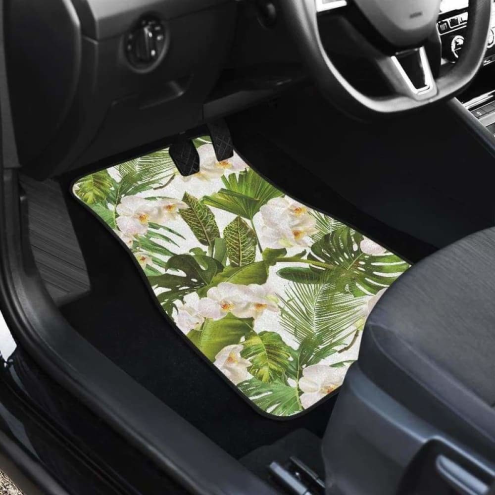 White Orchid Flower Tropical Leaves Pattern Front And Back Car Mats 174914 - YourCarButBetter