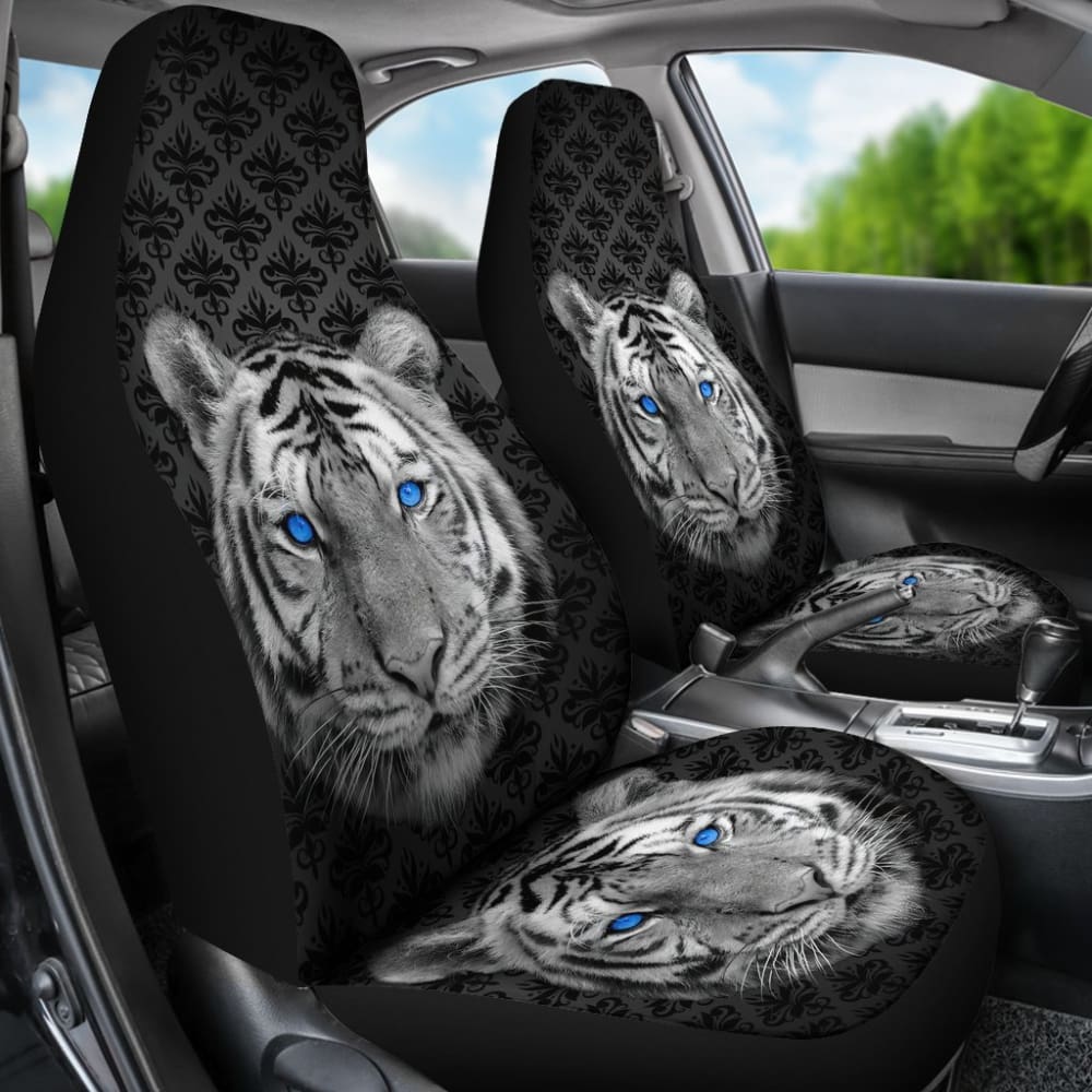 White Tiger Blue Eyes Amazing Black Background Car Seat Covers 210102 - YourCarButBetter