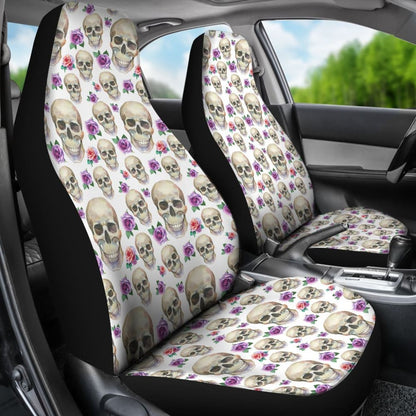White With Pink And Purple Skulls And Roses Car Seat Covers 174510 - YourCarButBetter