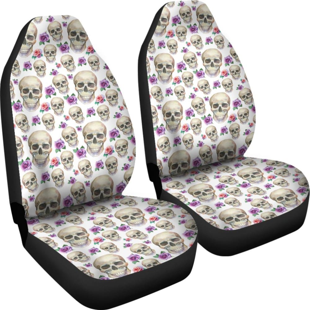 White With Pink And Purple Skulls And Roses Car Seat Covers 174510 - YourCarButBetter