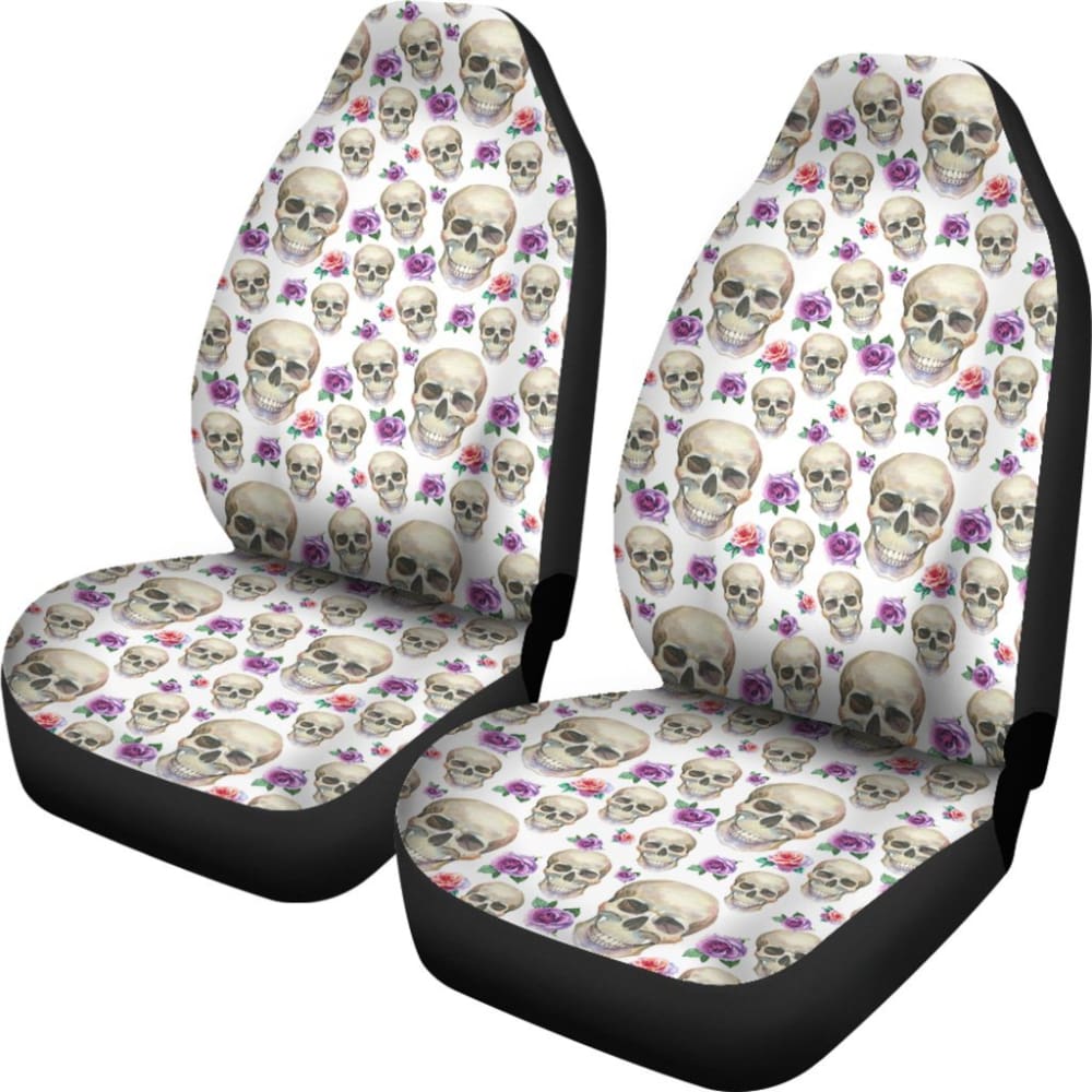 White With Pink And Purple Skulls And Roses Car Seat Covers 174510 - YourCarButBetter
