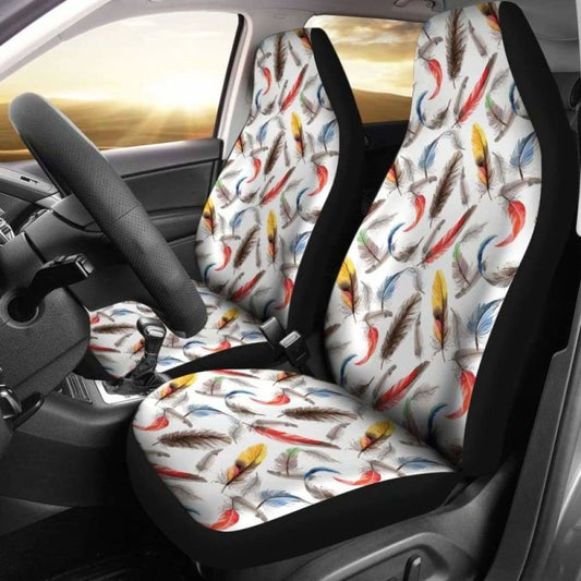 White With Watercolor Feathers Boho Car Seat Covers 174914 - YourCarButBetter
