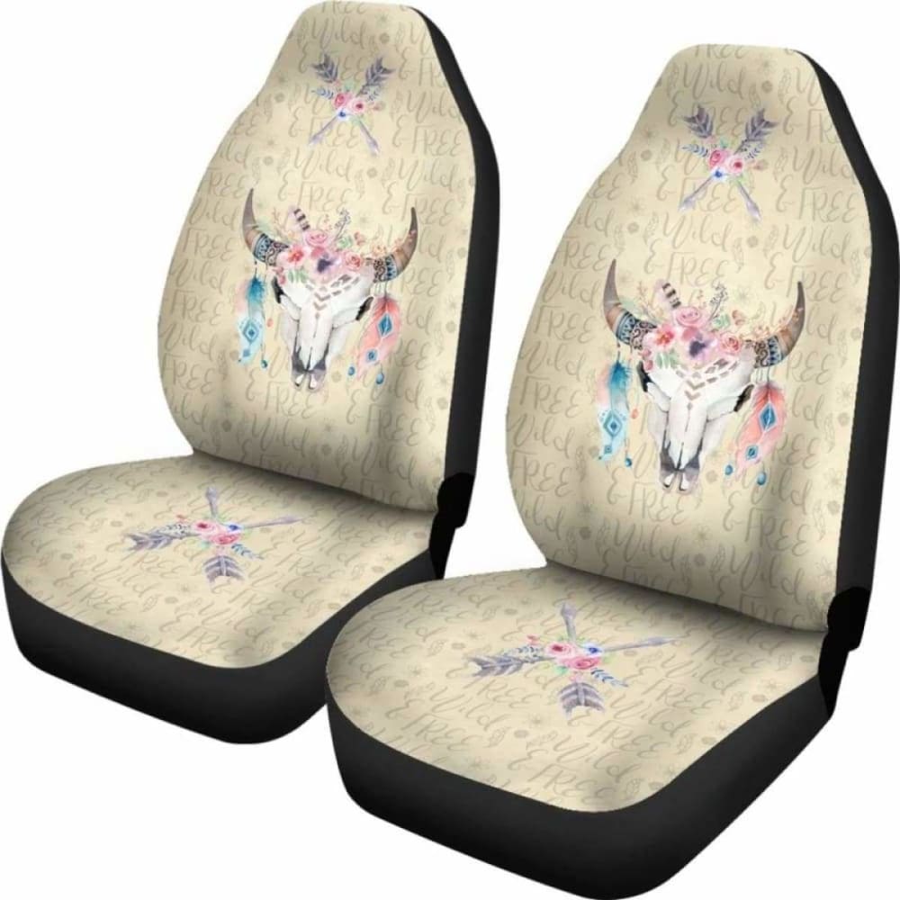 Wild And Free Boho Cow Skull Car Seat Covers Cream Color 144730