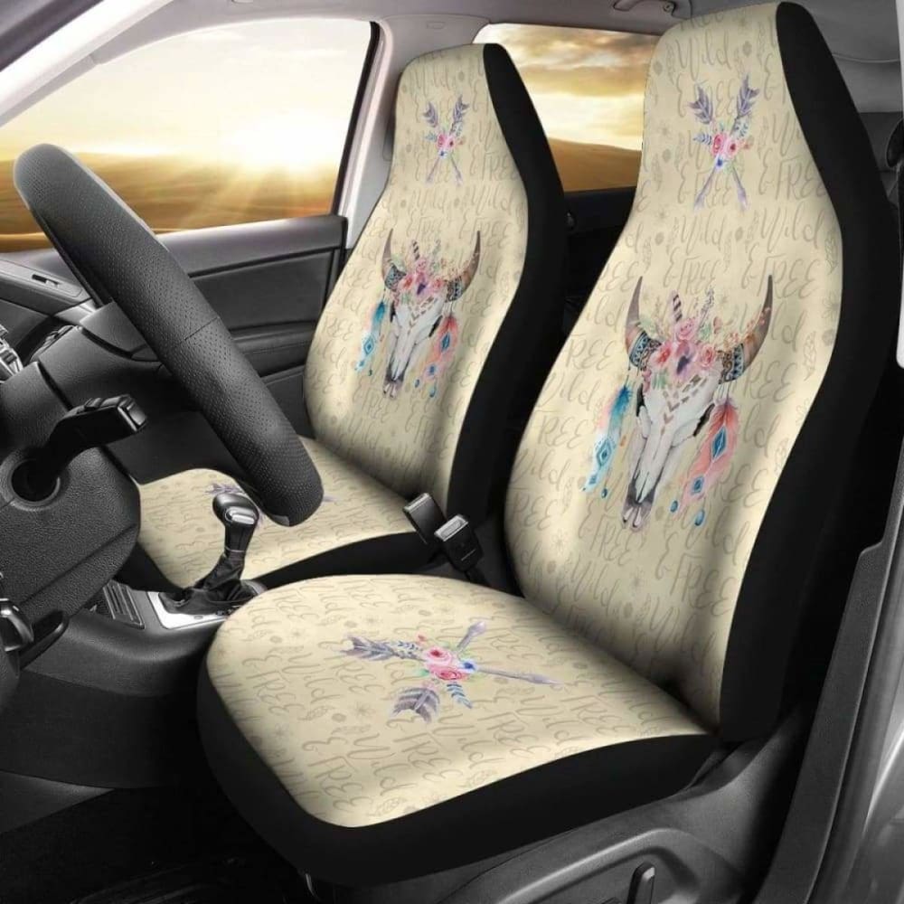 Wild And Free Boho Cow Skull Car Seat Covers Cream Color 144730