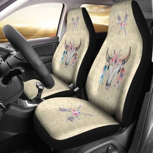 Wild And Free Boho Cow Skull Car Seat Covers Cream Color 144730