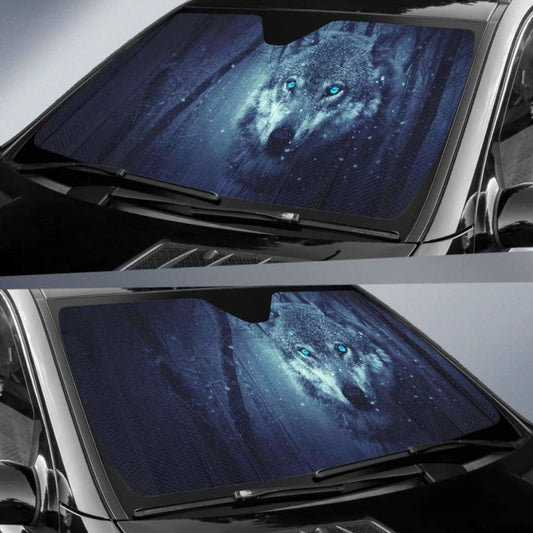 Wild Wolf Blue Eyes Scary Snowfall Winter 4K Car Sun Shade 172609 - YourCarButBetter