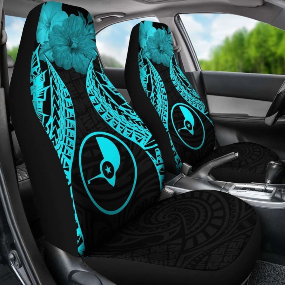 Yap Polynesian Car Seat Covers Pride Seal And Hibiscus Neon Blue - 232125 - YourCarButBetter